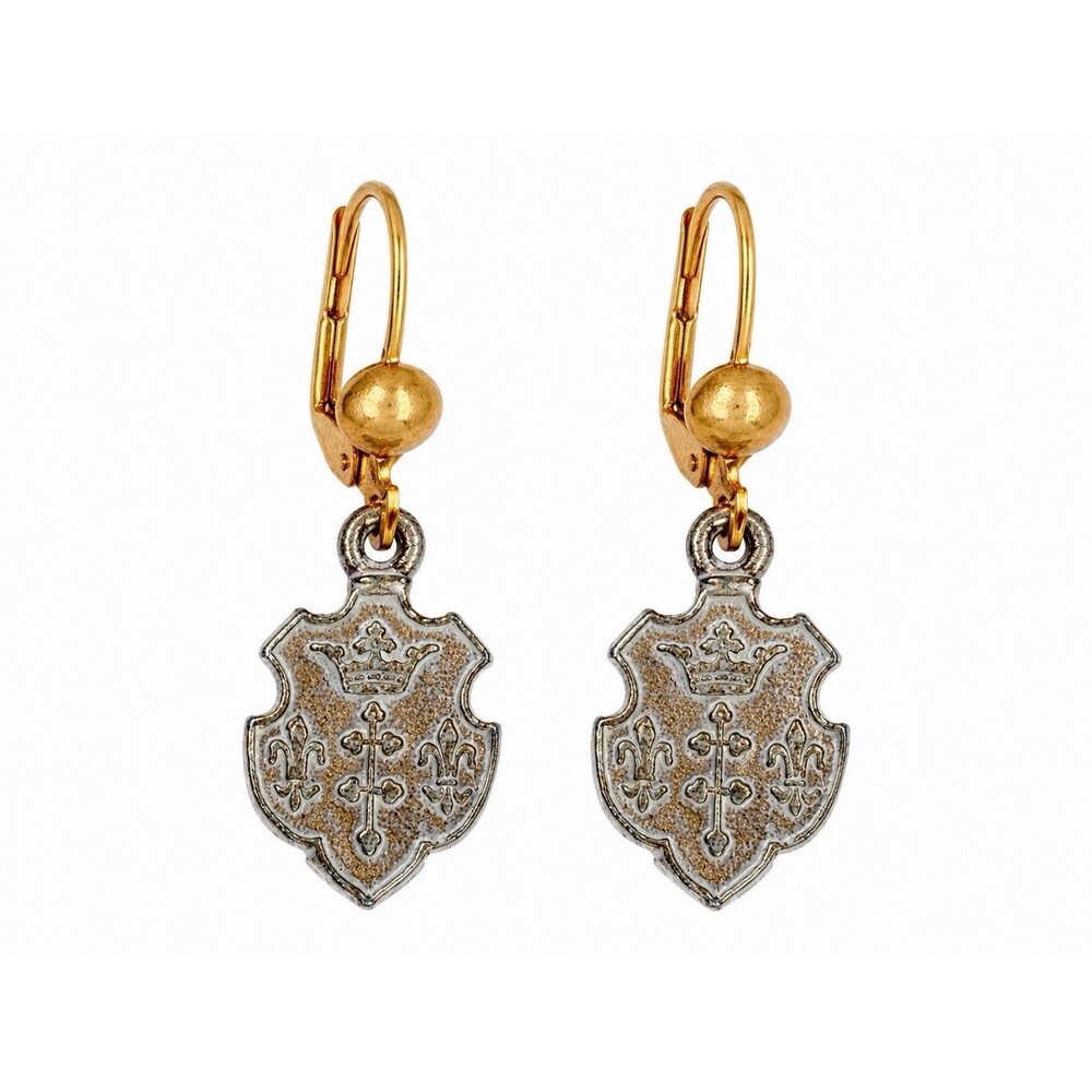 Vintage Heraldic Crest Shield Dangle Earrings Gold Silver Tone Fleur De Lis